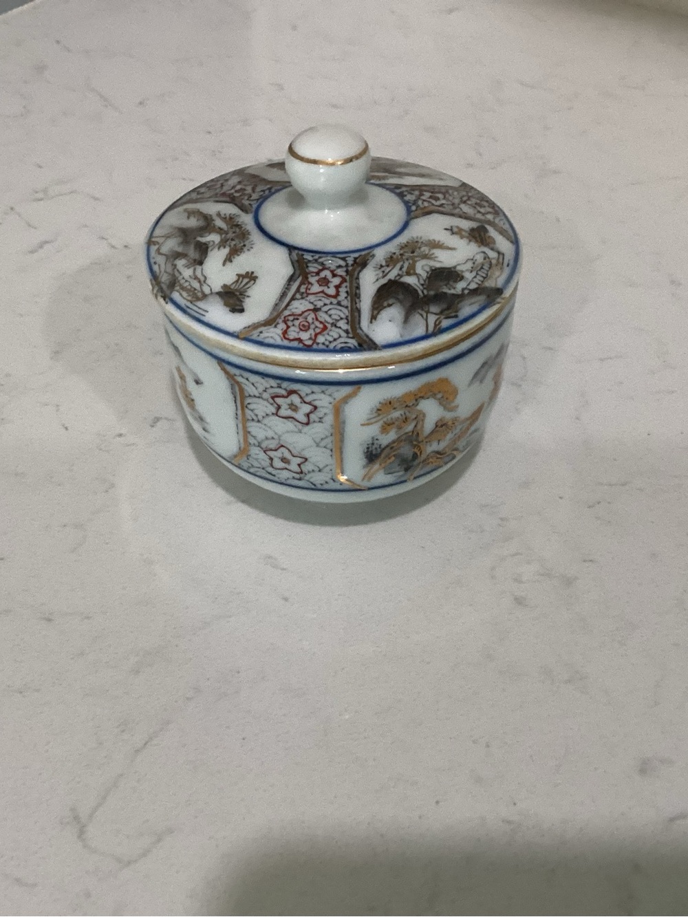 Porcelain Lidded Trinket Box with Blue and Gold Accents